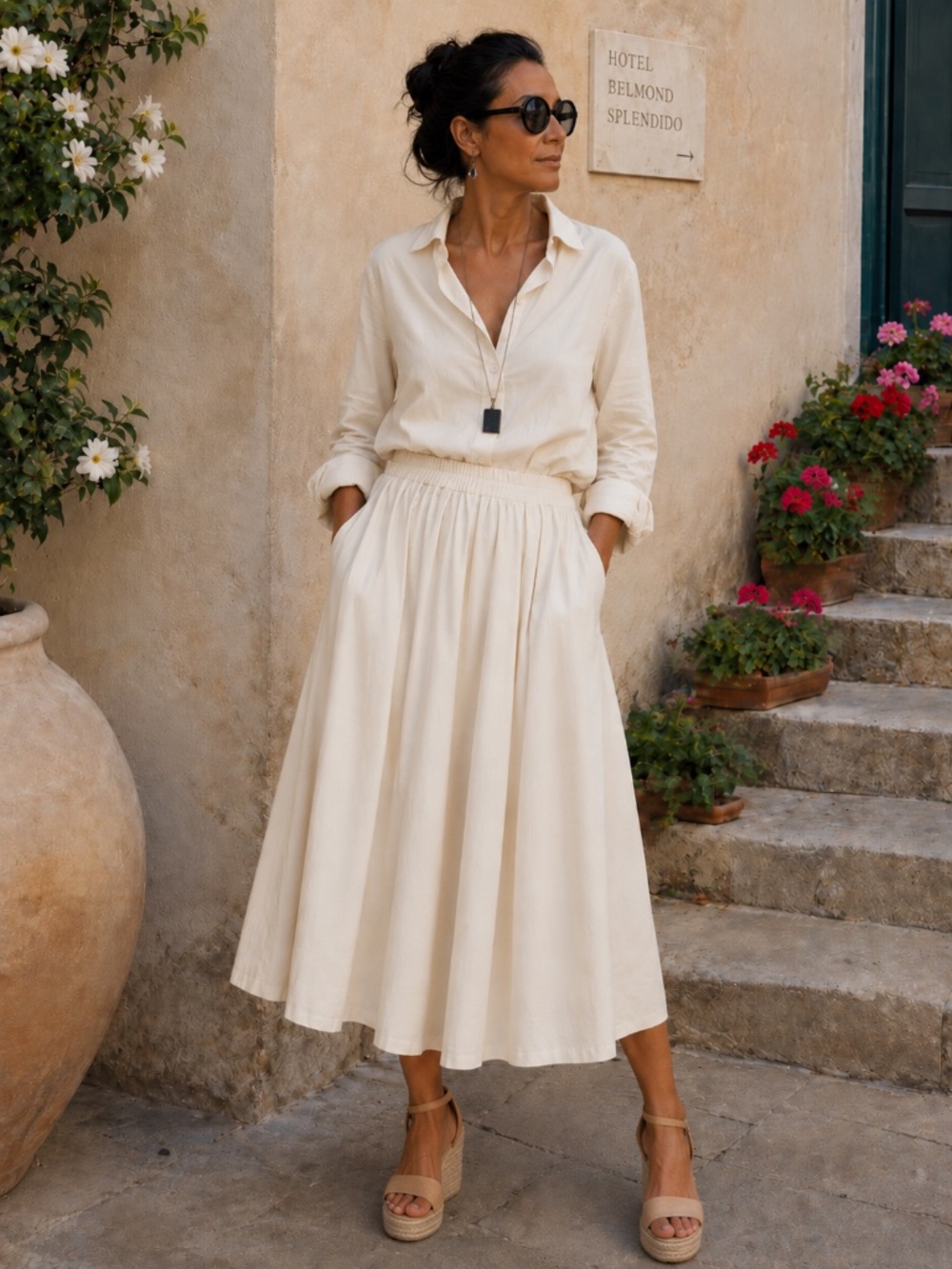 Vintage Michele Lamy Ivory Cotton Full Circle Skirt Made USA Est M/L